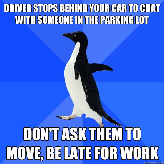driver stops behind your car to chat with someone in the parking lot don't ask them to move, be late for work  Socially Awkward Penguin