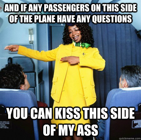 And if any passengers on this side of the plane have any questions you can kiss this side of my ass  Ghetto Flight Attendant