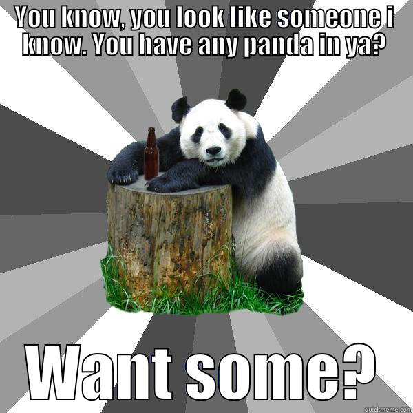 YOU KNOW, YOU LOOK LIKE SOMEONE I KNOW. YOU HAVE ANY PANDA IN YA? WANT SOME? Pickup-Line Panda