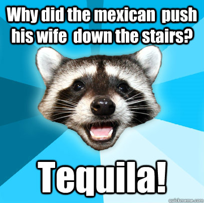 Why did the mexican  push his wife  down the stairs? Tequila!  Lame Pun Coon