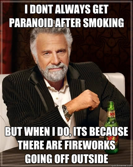 I dont always get paranoid after smoking But when I do, its because there are fireworks going off outside  The Most Interesting Man In The World