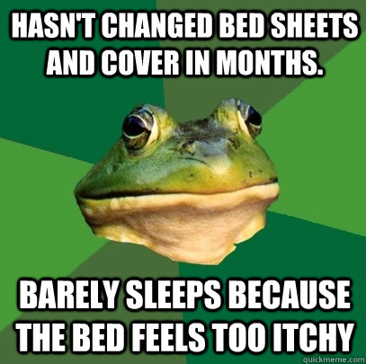 Hasn't changed bed sheets and cover in months. Barely sleeps because the bed feels too itchy  Foul Bachelor Frog