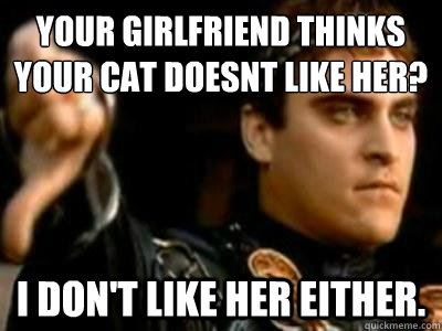 Your girlfriend thinks your cat doesnt like her? I don't like her either.  Downvoting Roman