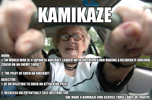ka·mi·ka·ze  Noun:
1: (in World War II) A Japanese aircraft loaded with explosives and making a deliberate suicidal crash on an enemy target

2: The pilot of such an aircraft adjective:
1: Of or relating to such an attack or pilot

2: Reckl  KAMIKAZE Grandma Driver