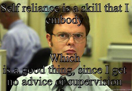 SELF RELIANCE IS A SKILL THAT I EMBODY WHICH IS A GOOD THING, SINCE I GET NO ADVICE OR SUPERVISION Schrute
