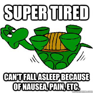 Super tired Can't fall asleep because of nausea, pain, etc.   Gastroparesis Turtle