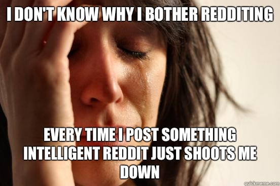 I don't know why I bother redditing Every time I post something intelligent reddit just shoots me down  First World Problems