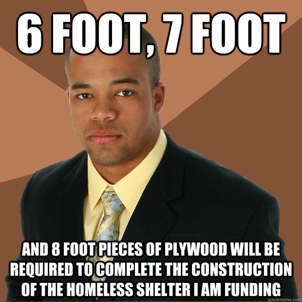 6 foot, 7 foot and 8 foot pieces of plywood will be required to complete the construction of the homeless shelter I am funding  Successful Black Man
