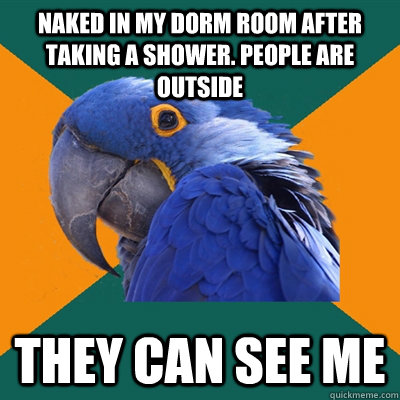 Naked in my dorm room after taking a shower. People are outside they can see me  Paranoid Parrot