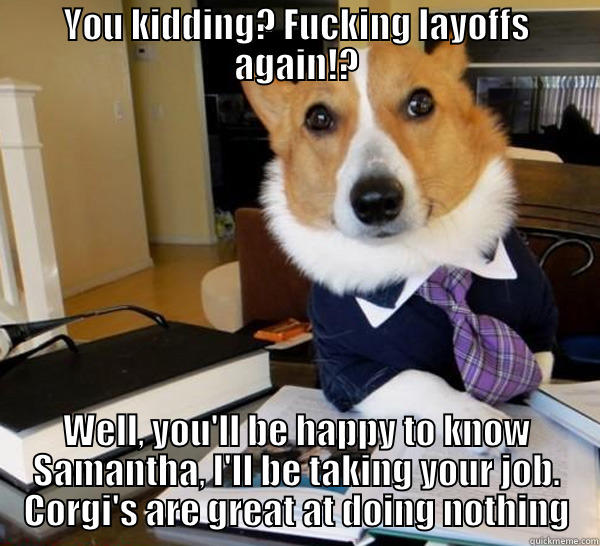 YOU KIDDING? FUCKING LAYOFFS AGAIN!? WELL, YOU'LL BE HAPPY TO KNOW SAMANTHA, I'LL BE TAKING YOUR JOB. CORGI'S ARE GREAT AT DOING NOTHING Lawyer Dog