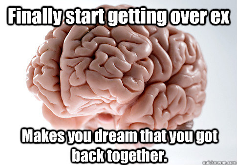 Finally start getting over ex Makes you dream that you got back together.   Scumbag Brain