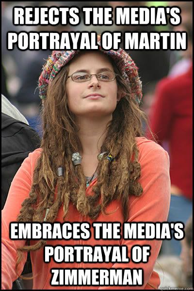 Rejects the media's portrayal of Martin Embraces the media's portrayal of Zimmerman  College Liberal