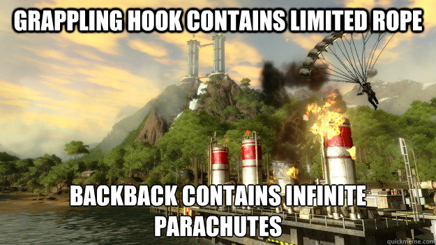 Grappling hook contains limited rope backback contains infinite parachutes  Just Cause 2 Logic