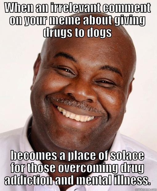 WHEN AN IRRELEVANT COMMENT ON YOUR MEME ABOUT GIVING DRUGS TO DOGS BECOMES A PLACE OF SOLACE FOR THOSE OVERCOMING DRUG ADDICTION AND MENTAL ILLNESS. Misc