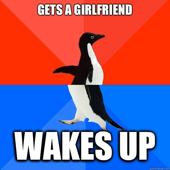 Gets a girlfriend  Wakes up   Socially Awesome Awkward Penguin