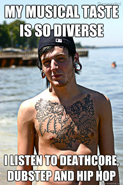 My musical taste is so diverse I listen to deathcore, dubstep and hip hop - My musical taste is so diverse I listen to deathcore, dubstep and hip hop  Diverse Music Dude