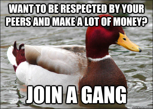 Want to be respected by your peers and make a lot of money? Join a Gang  Malicious Advice Mallard