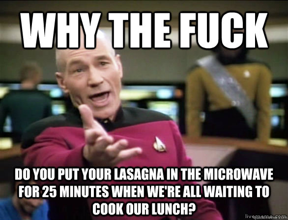 why the fuck do you put your lasagna in the microwave for 25 minutes when we're all waiting to cook our lunch?  Annoyed Picard HD