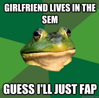 Girlfriend lives in the sem Guess I'll just fap  Foul Bachelor Frog