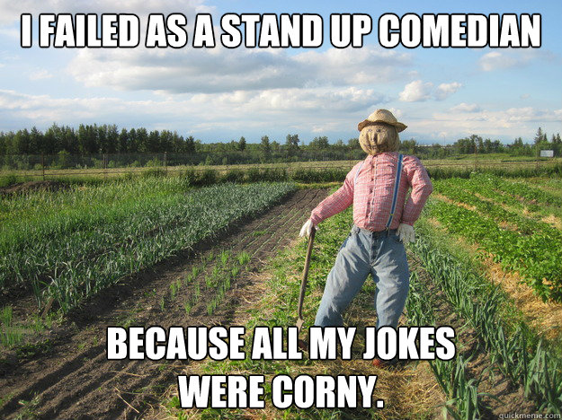 I failed as a stand up comedian because all my jokes 
were corny. - I failed as a stand up comedian because all my jokes 
were corny.  Scarecrow