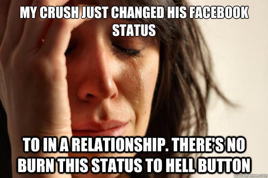 My crush just changed his facebook status to in a relationship. there's no burn this status to hell button  First World Problems