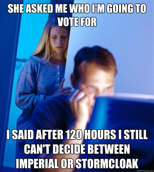 She asked me who I'm going to vote for I said after 120 hours I still can't decide between Imperial or Stormcloak  Redditors Wife