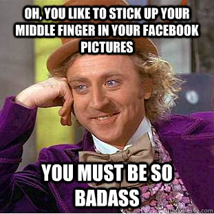 Oh, you like to stick up your middle finger in your facebook pictures You must be so badass  Condescending Wonka