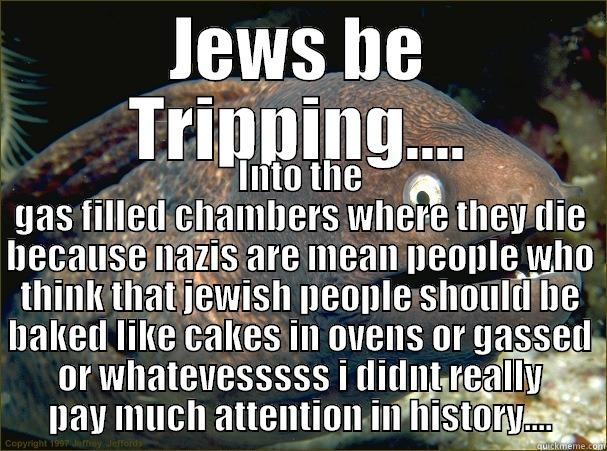 Jews be tripping - JEWS BE TRIPPING.... INTO THE GAS FILLED CHAMBERS WHERE THEY DIE BECAUSE NAZIS ARE MEAN PEOPLE WHO THINK THAT JEWISH PEOPLE SHOULD BE BAKED LIKE CAKES IN OVENS OR GASSED OR WHATEVESSSSS I DIDNT REALLY PAY MUCH ATTENTION IN HISTORY.... Bad Joke Eel