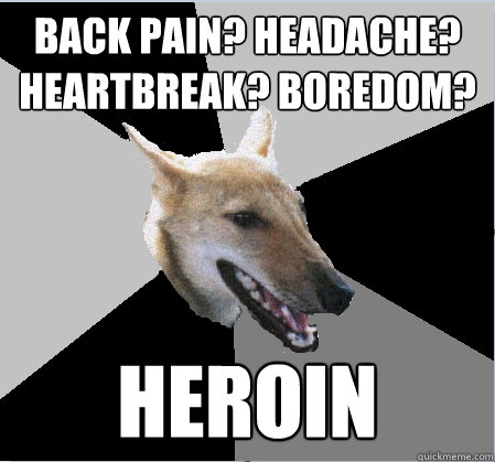back pain? headache? heartbreak? boredom? HEROIN - back pain? headache? heartbreak? boredom? HEROIN  Junkie Jackal