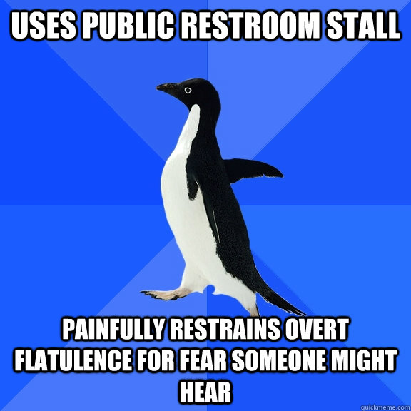 Uses public restroom stall Painfully restrains overt flatulence for fear someone might hear  Socially Awkward Penguin