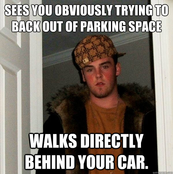 Sees you obviously trying to back out of parking space
 Walks DIRECTLY behind your car.  Scumbag Steve