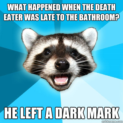 WHAT HAPPENED WHEN THE DEATH EATER WAS LATE TO THE BATHROOM? HE LEFT A DARK MARK  Lame Pun Coon