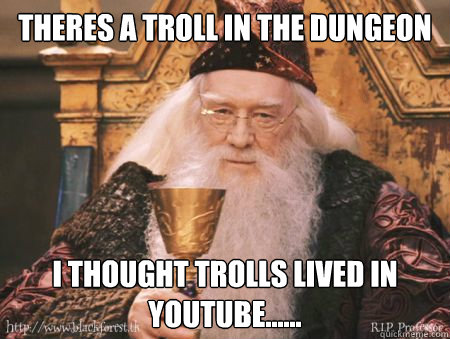 Theres a troll in the dungeon I thought trolls lived in youtube...... - Theres a troll in the dungeon I thought trolls lived in youtube......  Drew Dumbledore