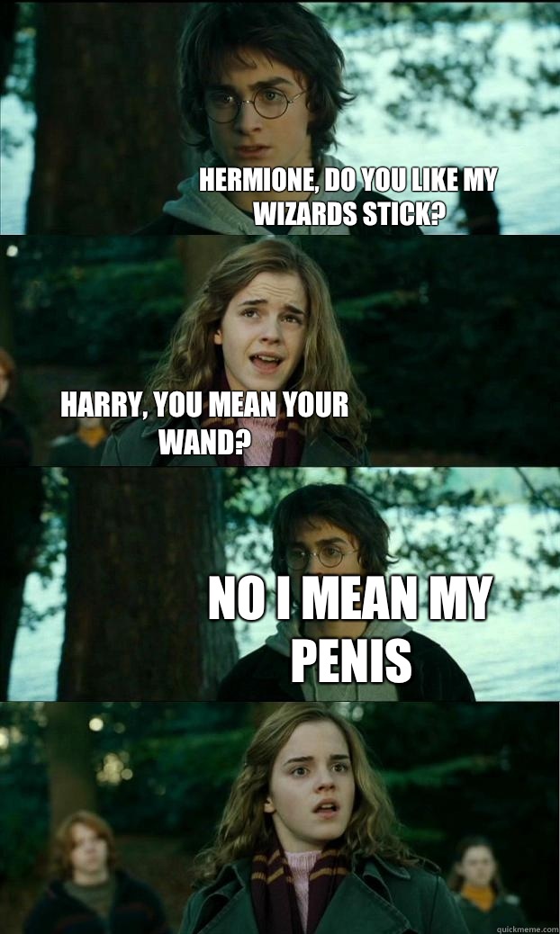 Hermione, do you like my wizards stick? Harry, you mean your wand? No I mean my penis  Horny Harry