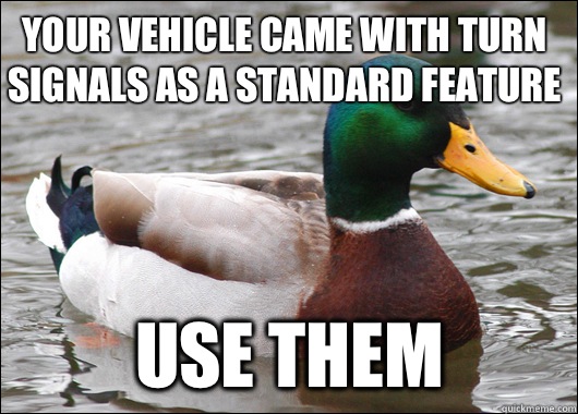 your vehicle came with turn signals as a standard feature  Use them  Actual Advice Mallard