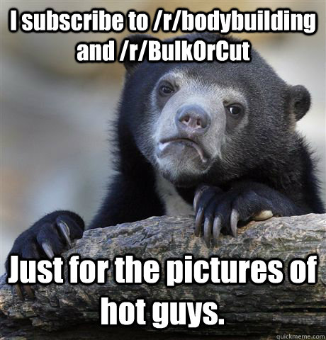 I subscribe to /r/bodybuilding and /r/BulkOrCut Just for the pictures of hot guys.  Confession Bear