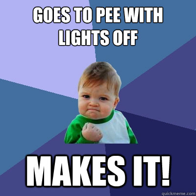 Goes to pee with lights off makes it!  Success Kid