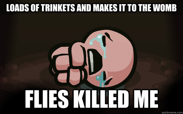 Loads of trinkets and makes it to the womb Flies killed me  The Binding of Isaac