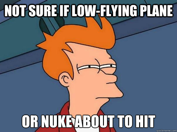 Not sure if low-flying plane Or nuke about to hit  Not sure Fry