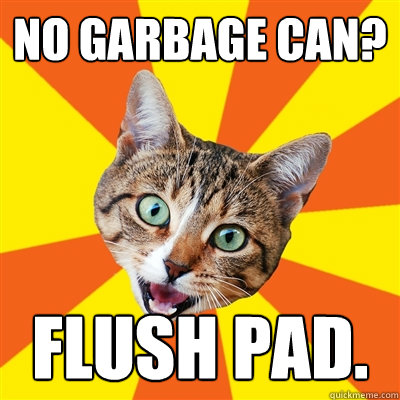 No garbage can? Flush pad.  Bad Advice Cat