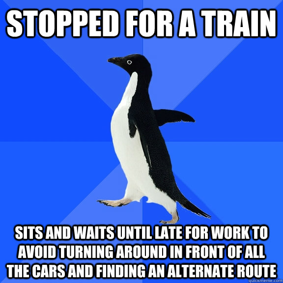 stopped for a train  sits and waits until late for work to avoid turning around in front of all the cars and finding an alternate route  Socially Awkward Penguin
