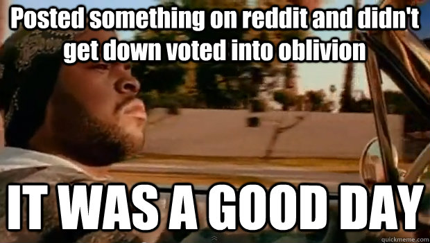 Posted something on reddit and didn't get down voted into oblivion IT WAS A GOOD DAY - Posted something on reddit and didn't get down voted into oblivion IT WAS A GOOD DAY  It was a good day