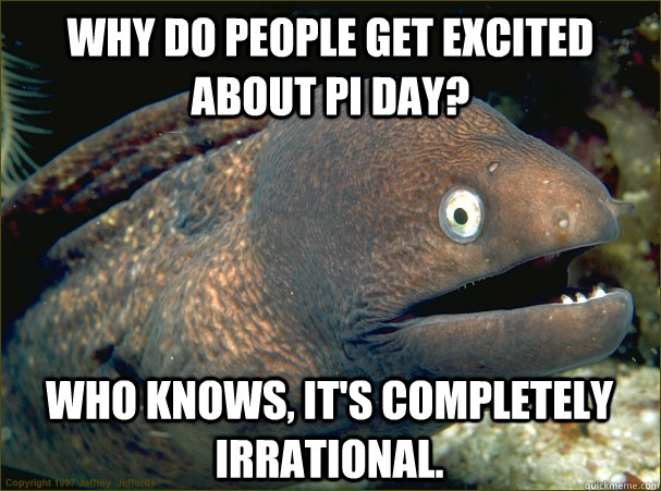 Why do people get excited about pi day? Who knows, it's completely irrational.  Bad Joke Eel