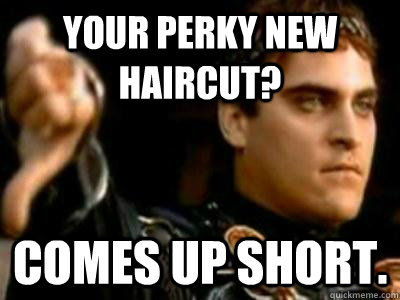 Your perky new haircut? Comes up short.  Downvoting Roman