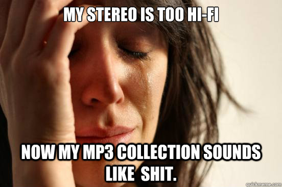 My stereo is too hi-fi now my mp3 collection sounds like  shit.  First World Problems