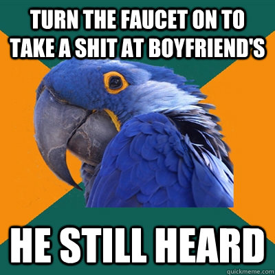 turn the faucet on to take a shit at boyfriend's he still heard  Paranoid Parrot