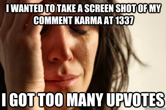 I wanted to take a screen shot of my comment karma at 1337 I got too many upvotes  First World Problems