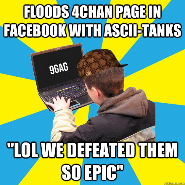 floods 4chan page in facebook with ascii-tanks 