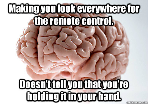 Making you look everywhere for the remote control. Doesn't tell you that you're holding it in your hand.  Scumbag Brain