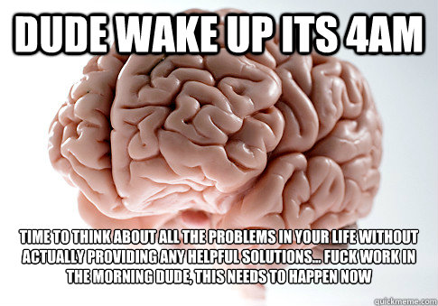 dude wake up its 4am time to think about all the problems in your life without actually providing any helpful solutions... fuck work in the morning dude, this needs to happen now  Scumbag Brain